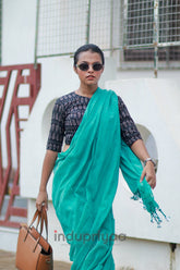C Green Handloom Khadi Cotton Saree With Black  Designer Print Blouse